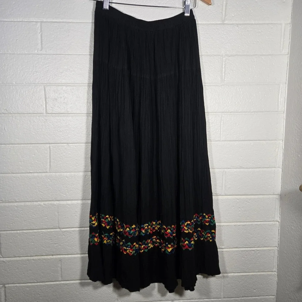 Vtg Sharon Young Maxi Skirt Small Black Crinkle Embroidered Boho Peasant Rainbow